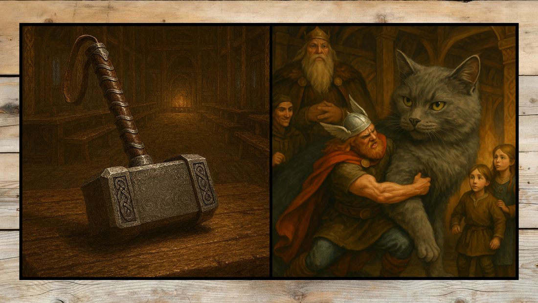 On the left, Thor's hammer Mjölnir. On the right, Thor in the fortress Utgard trying to lift the giant cat, the Midgard Serpent in disguise.