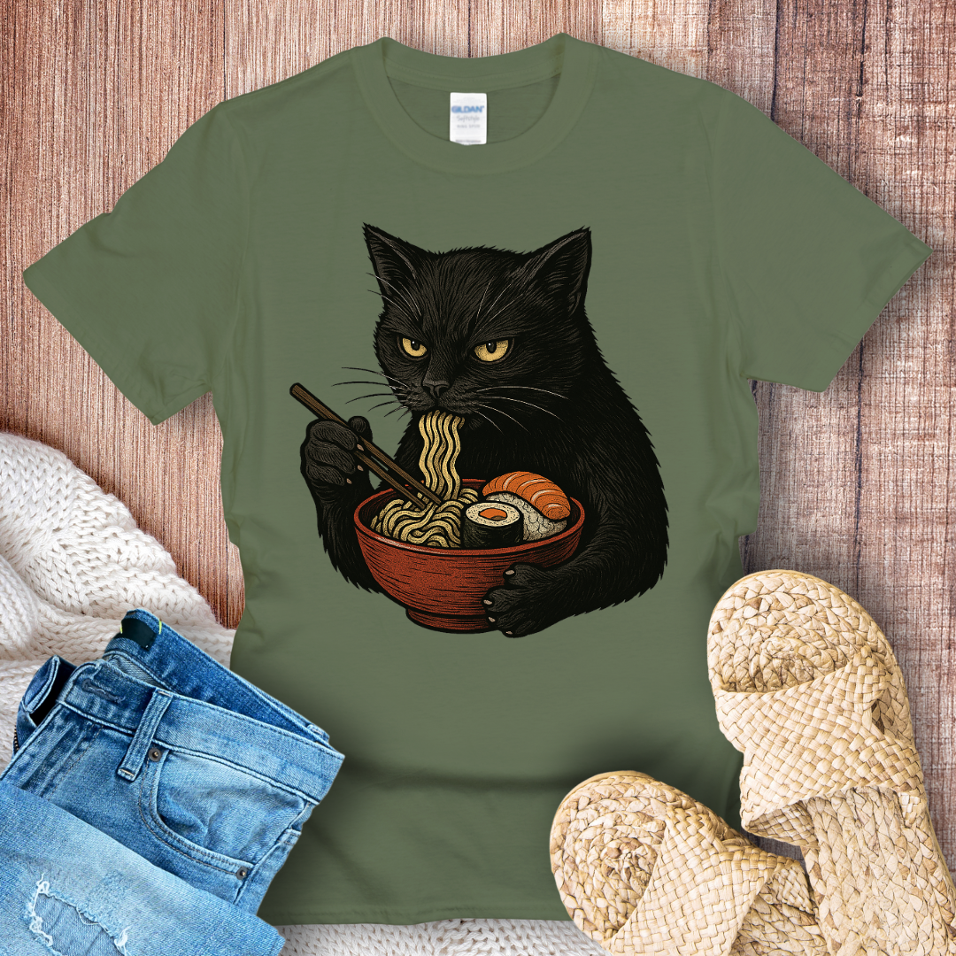 Angry Black Cat Eating Noodles T-Shirt