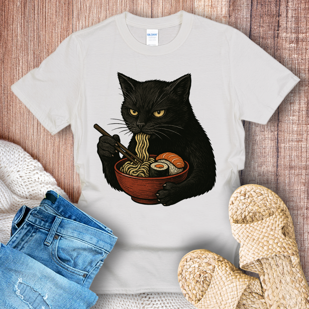 Angry Black Cat Eating Noodles T-Shirt