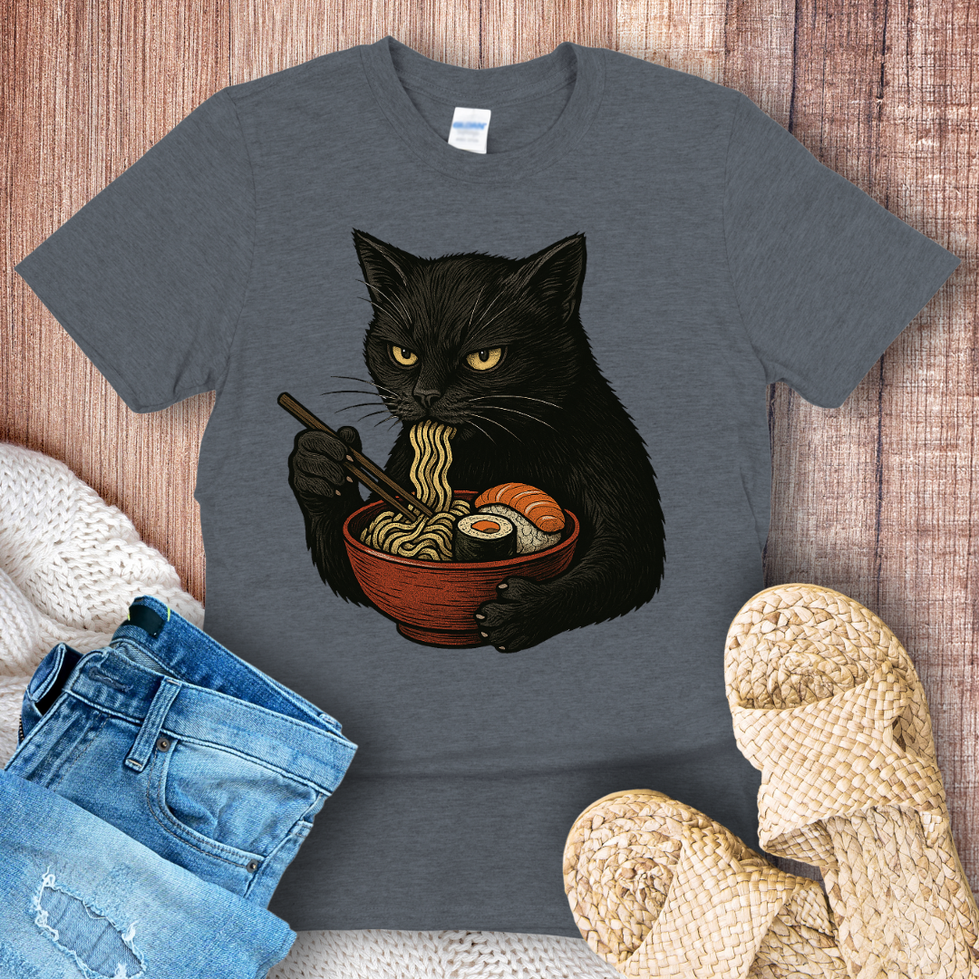 Angry Black Cat Eating Noodles T-Shirt