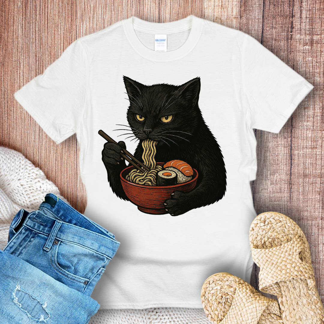 Angry Black Cat Eating Noodles T-Shirt