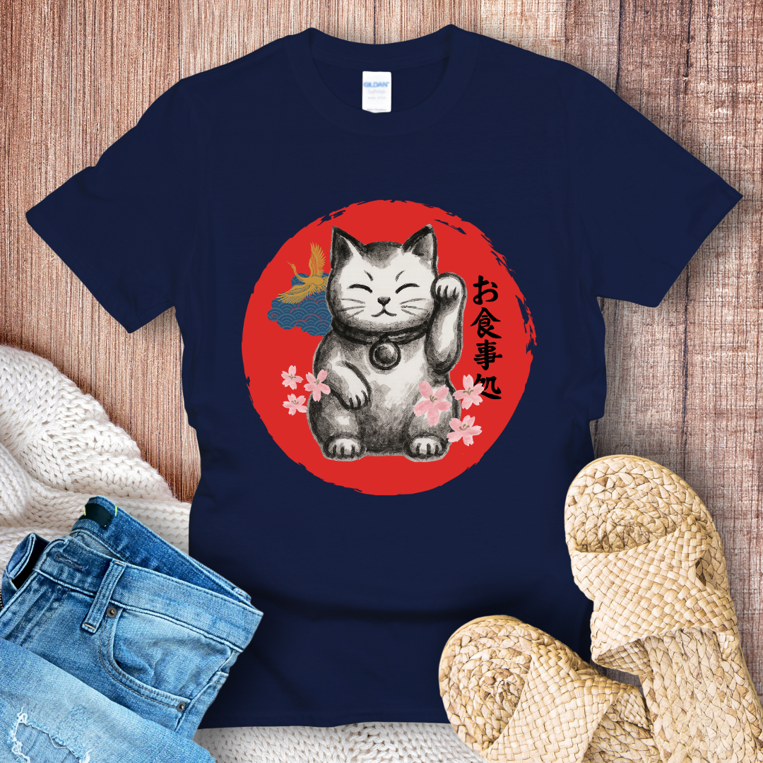 Japanese Lucky Cat – Maneki Neko Graphic with Cherry Blossoms T-Shirt