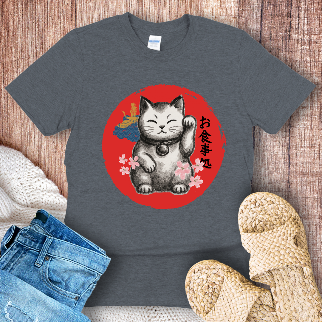 Japanese Lucky Cat – Maneki Neko Graphic with Cherry Blossoms T-Shirt
