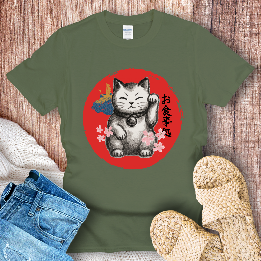 Japanese Lucky Cat – Maneki Neko Graphic with Cherry Blossoms T-Shirt
