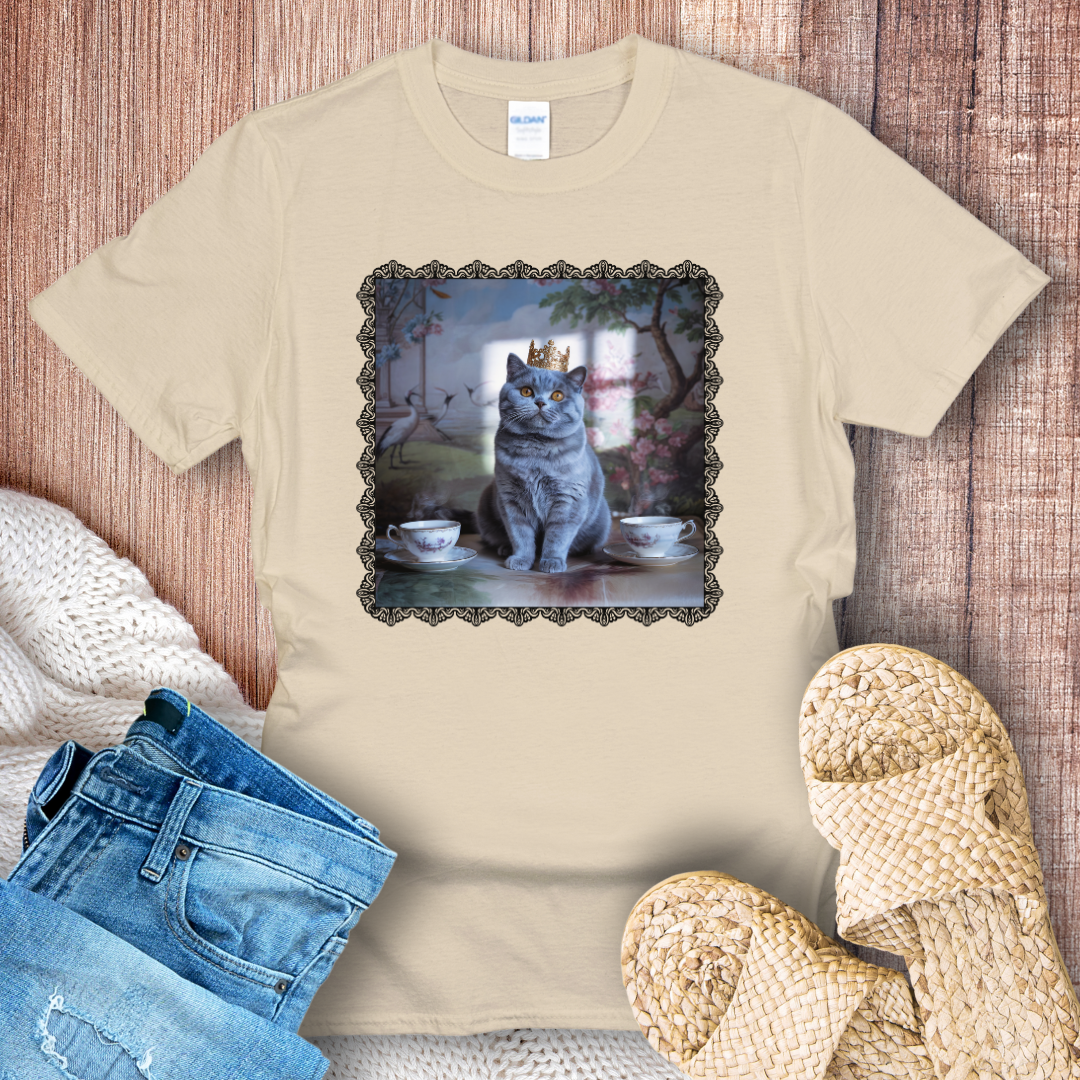 Royal British Shorthair Drinking Tea Black Border T-Shirt