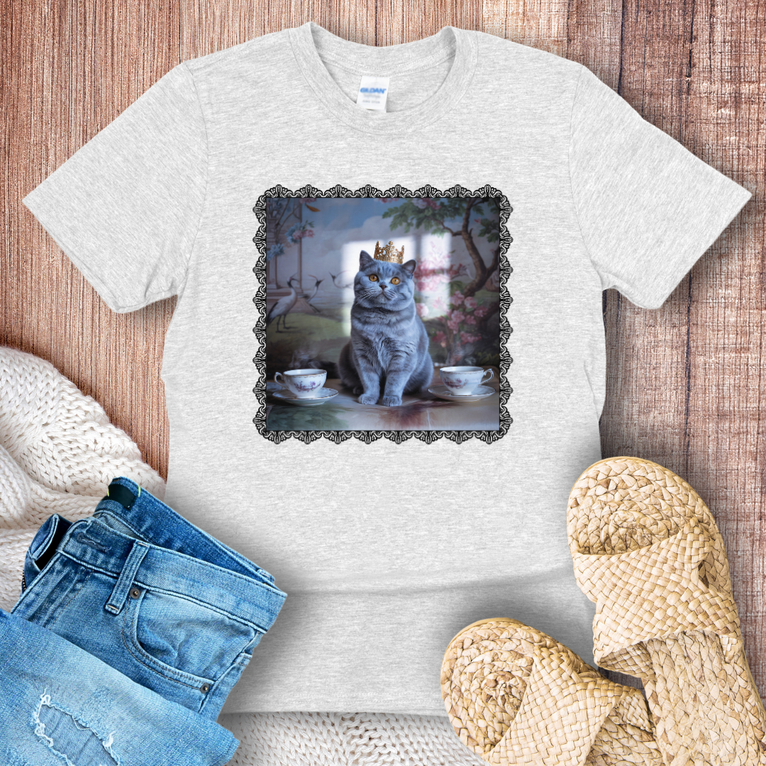 Royal British Shorthair Drinking Tea Black Border T-Shirt