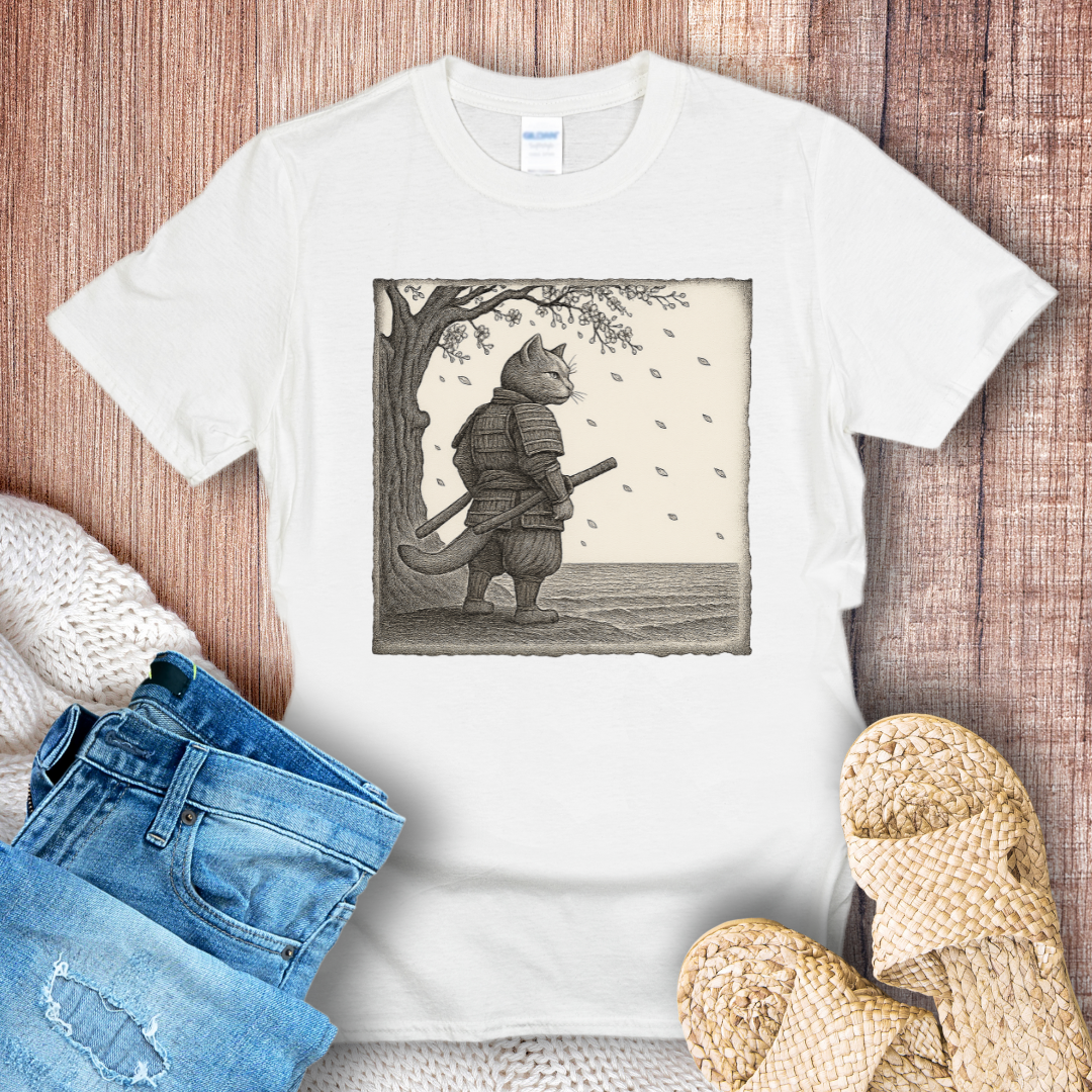 Samurai Cat Under the Cherry Blossom T-Shirt