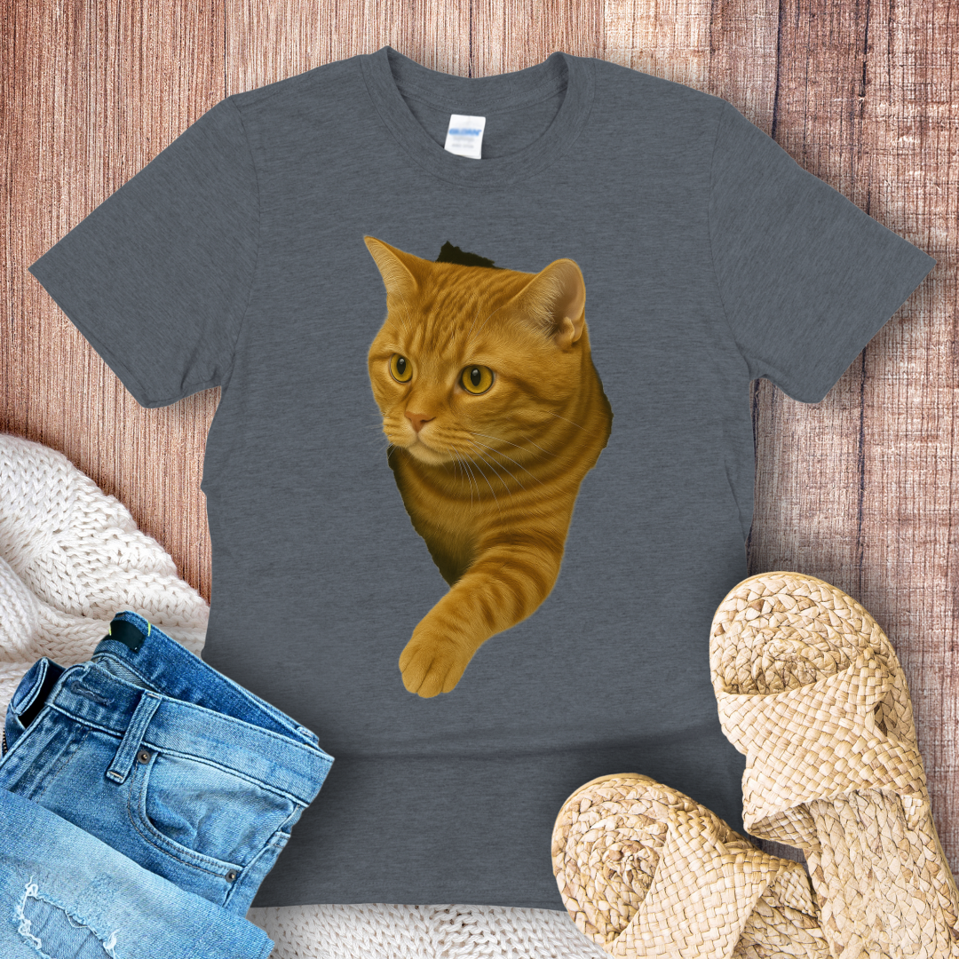 Tabby Orange Cat in Hole T-shirt