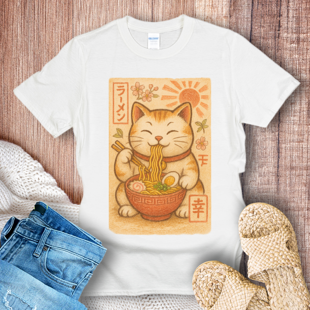 Retro Noodle-Eating Cat T-Shirt