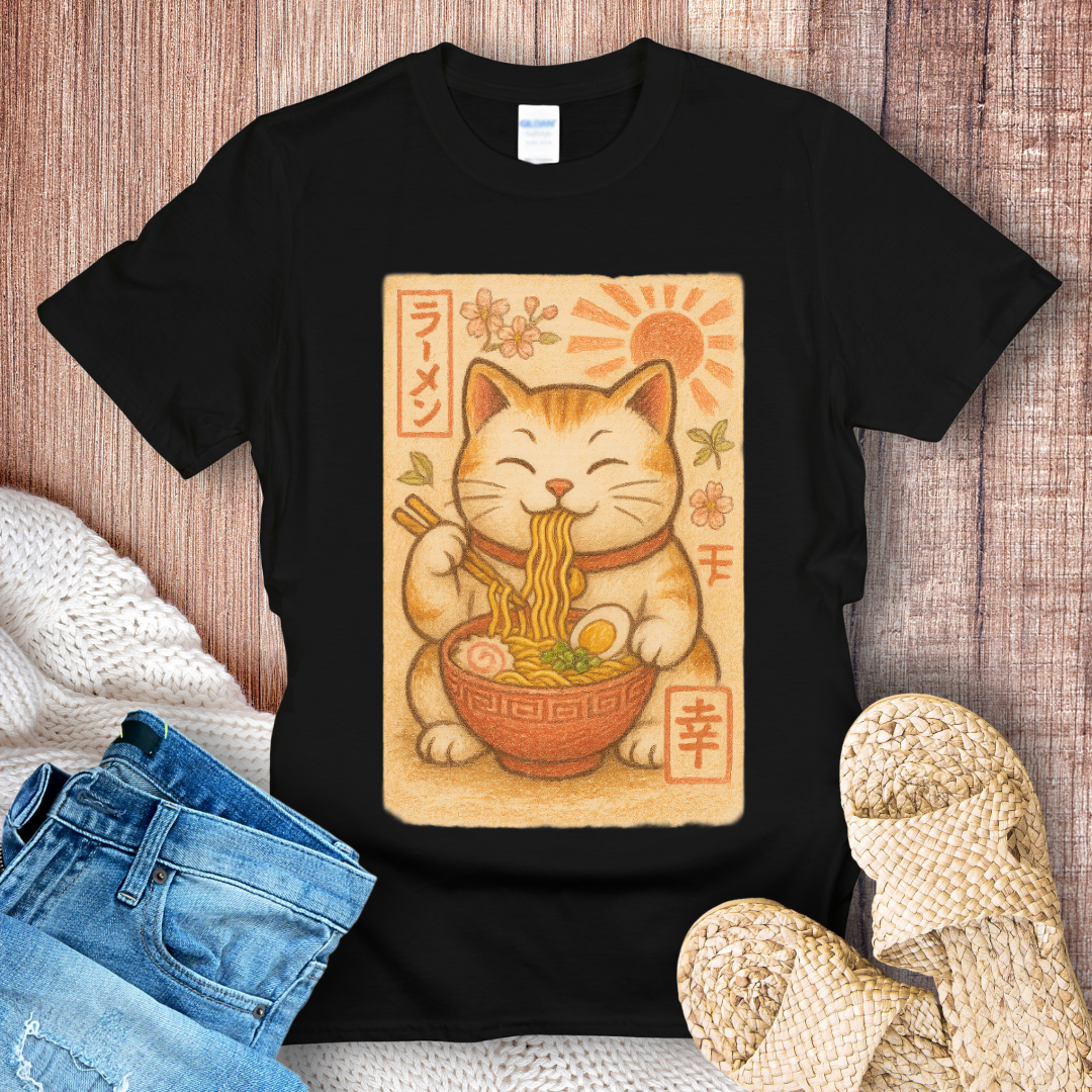 Retro Noodle-Eating Cat T-Shirt