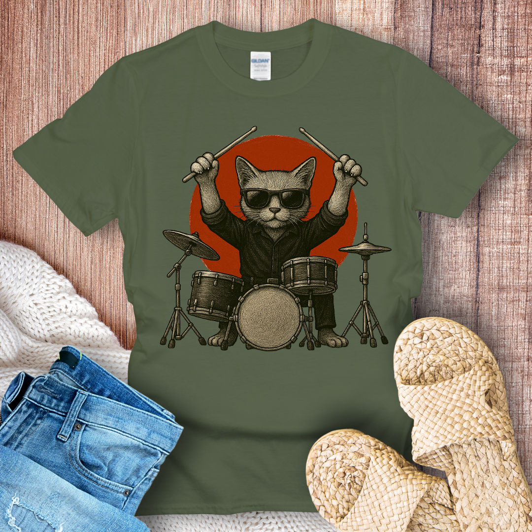 Cat Playing Drums Graphic T-Shirt