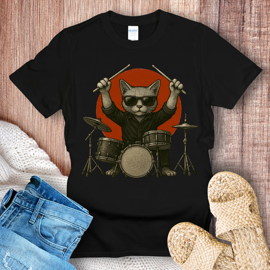 Cat Playing Drums Graphic T-Shirt