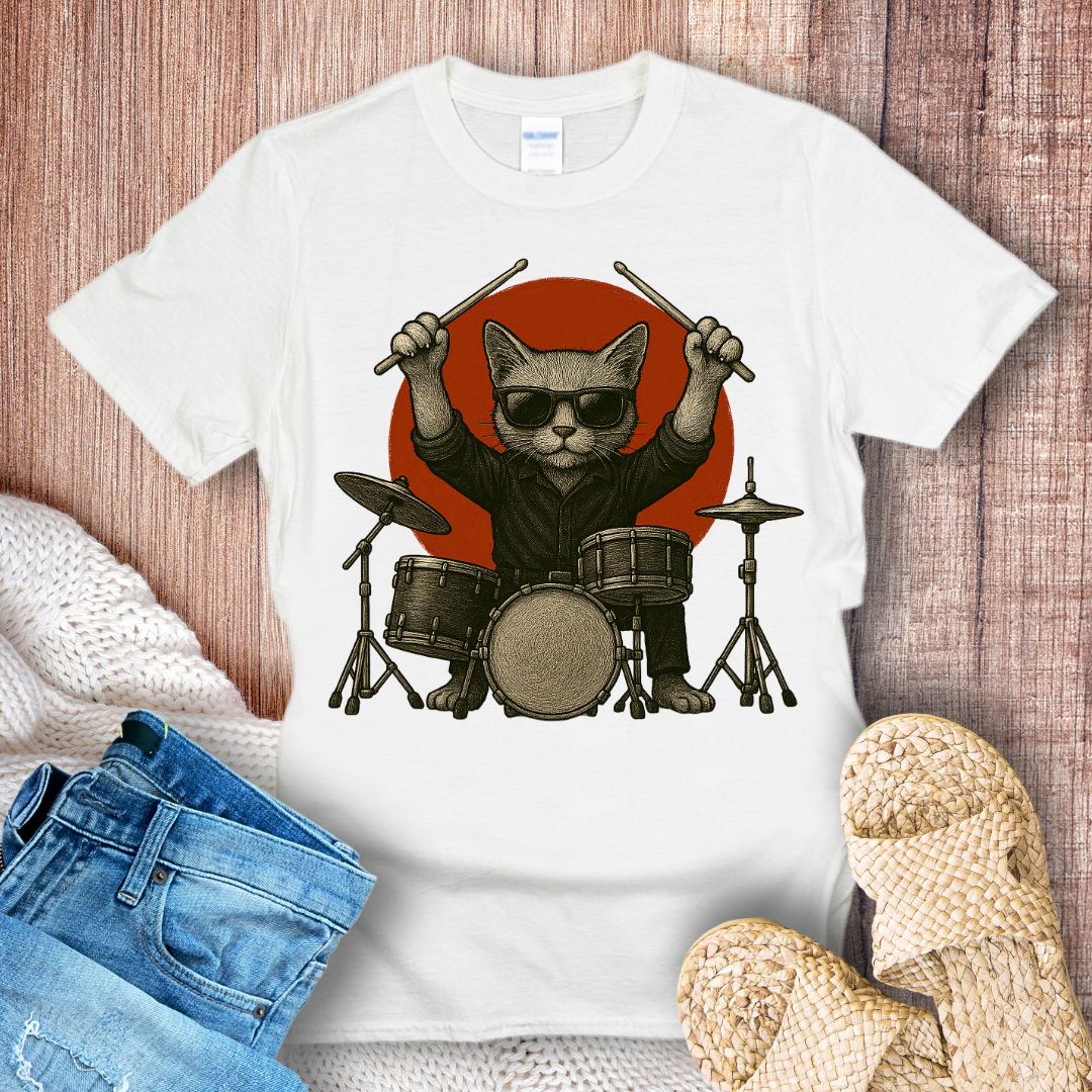 Cat Playing Drums Graphic T-Shirt