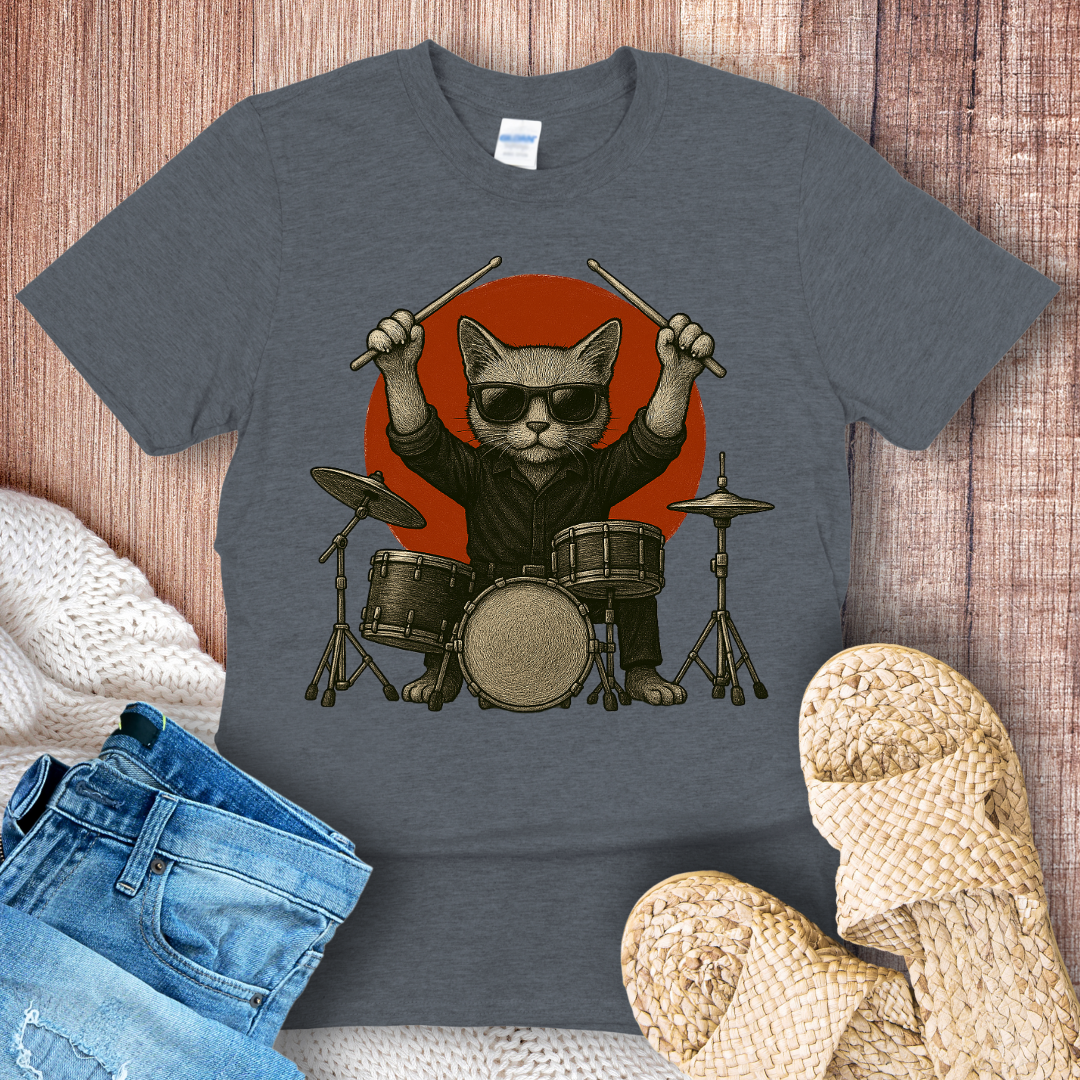 Cat Playing Drums Graphic T-Shirt