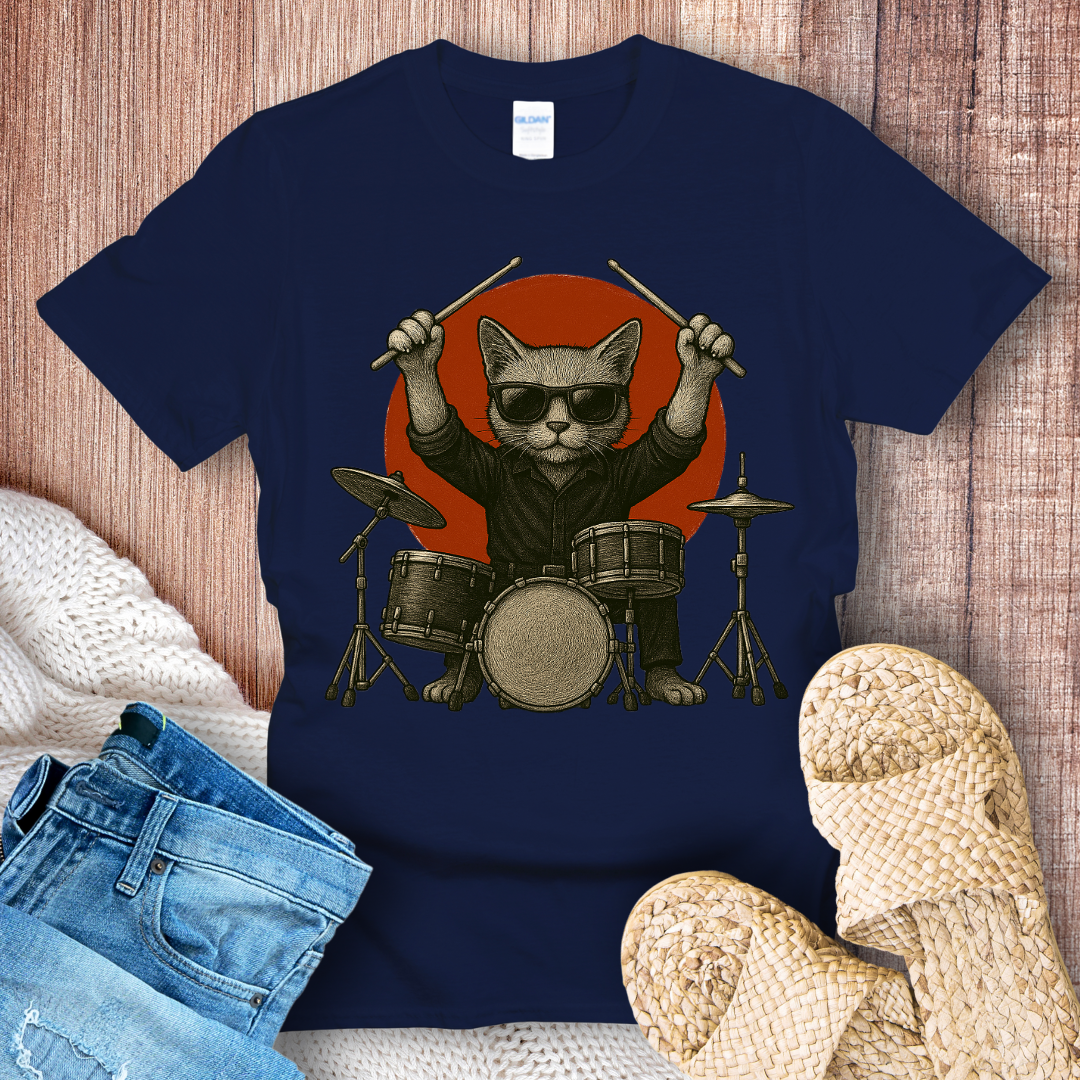 Cat Playing Drums Graphic T-Shirt