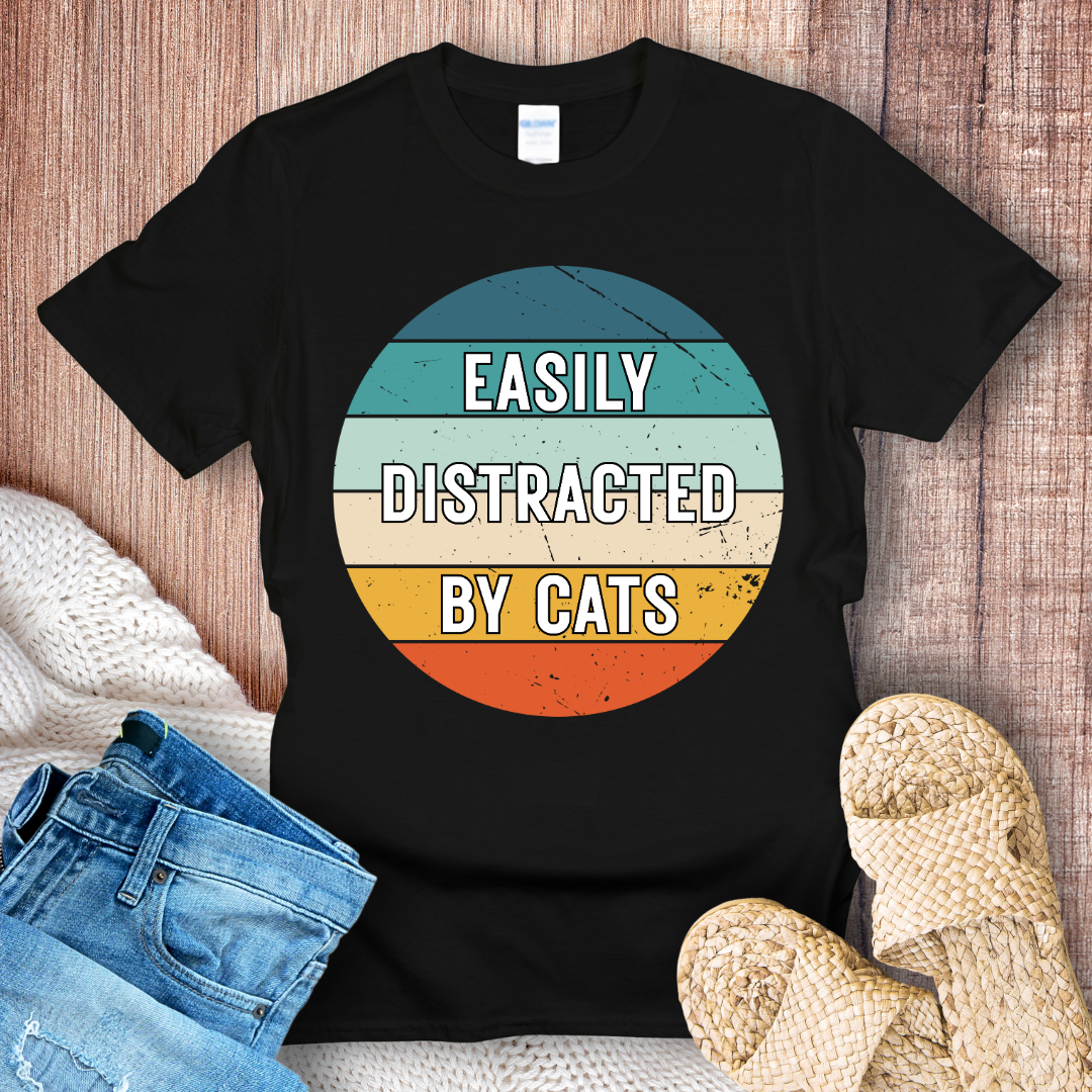 Easily Distracted by Cats – Funny Retro Cat Lover Graphic T-Shirt