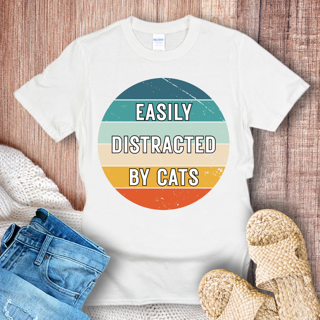 Easily Distracted by Cats – Funny Retro Cat Lover Graphic T-Shirt