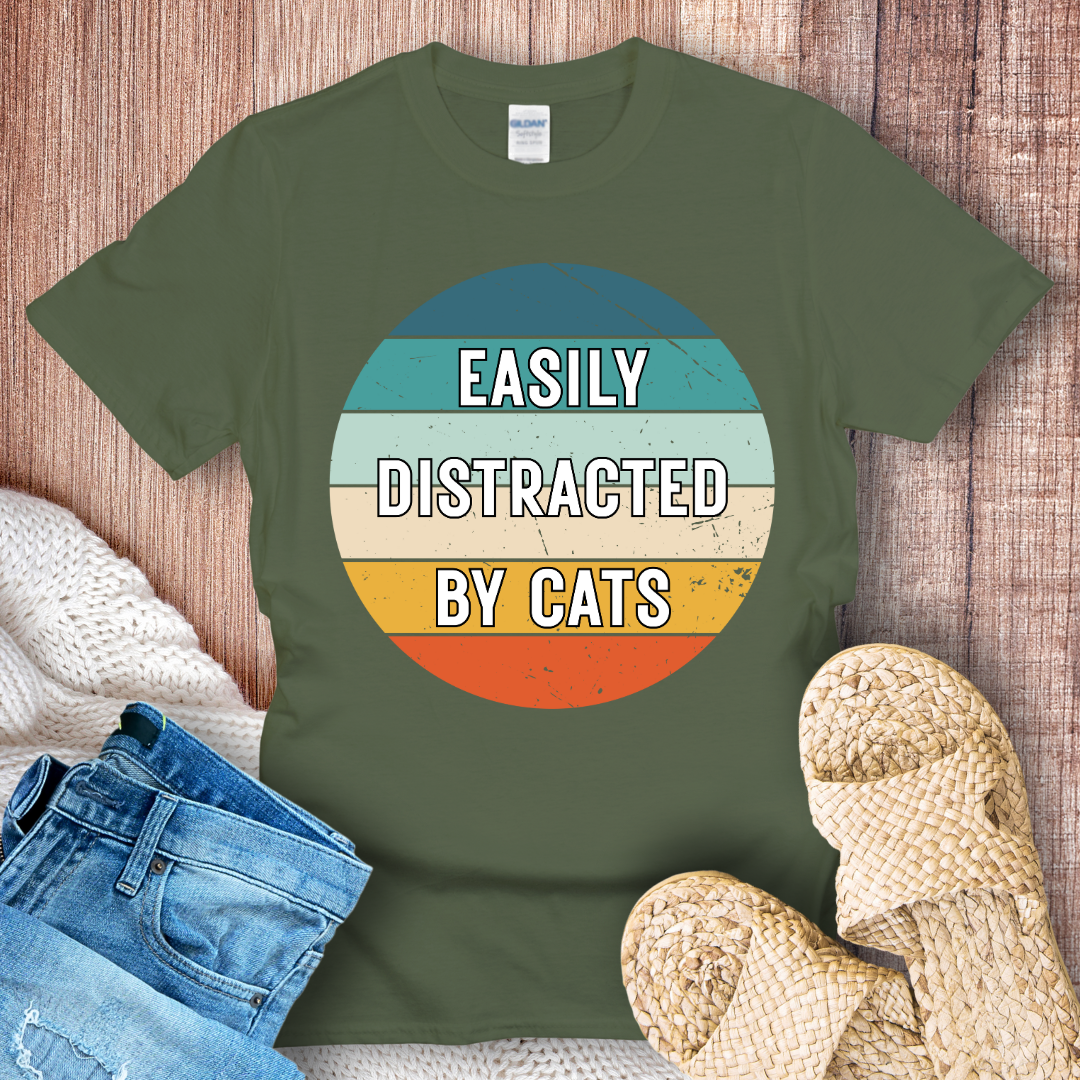 Easily Distracted by Cats – Funny Retro Cat Lover Graphic T-Shirt