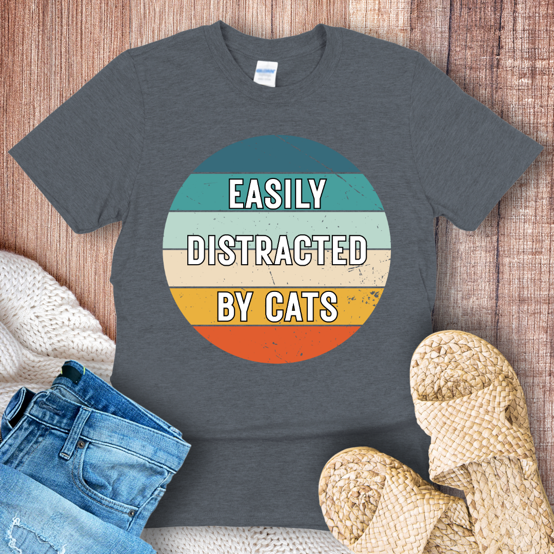 Easily Distracted by Cats – Funny Retro Cat Lover Graphic T-Shirt