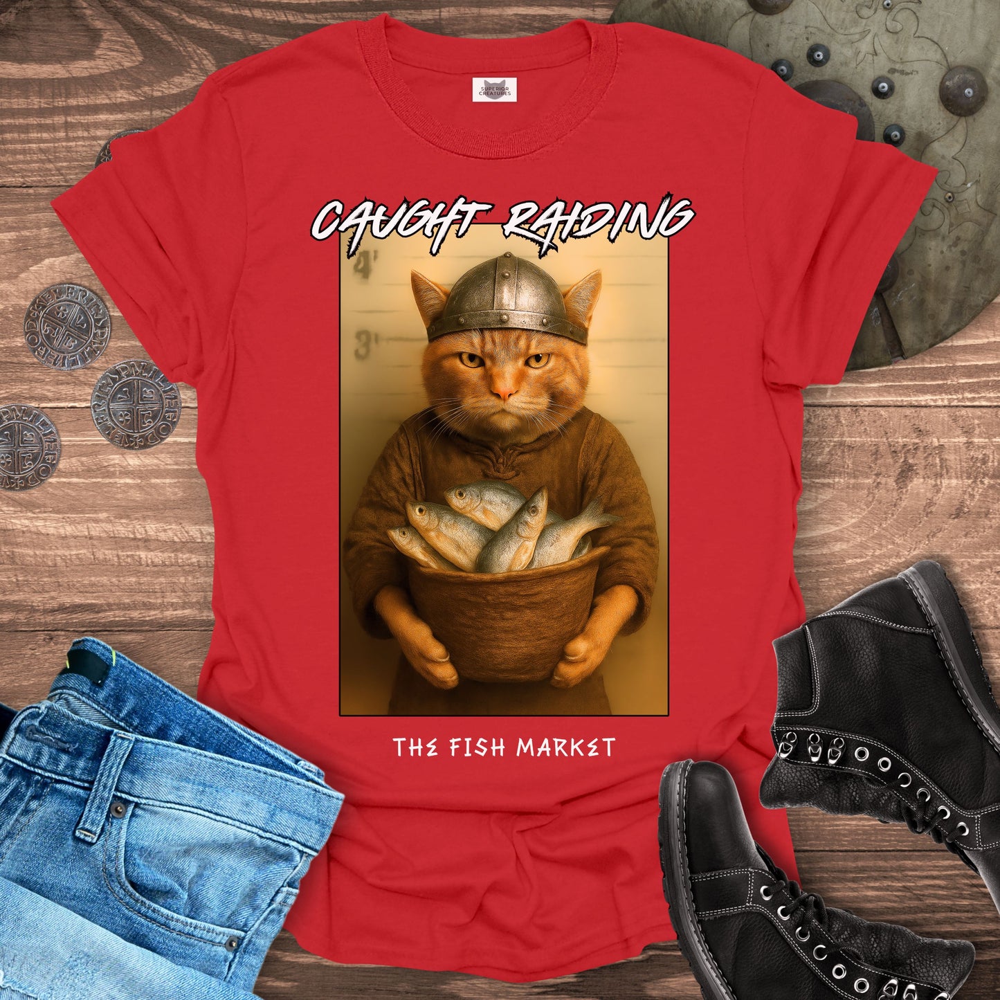 Caught Raiding the Fish Market – Viking Cat T-Shirt