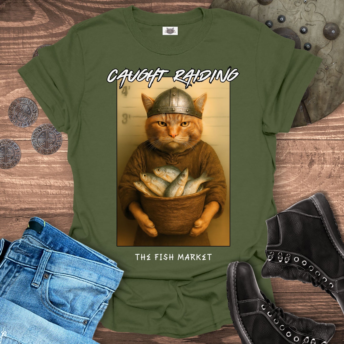 Caught Raiding the Fish Market – Viking Cat T-Shirt