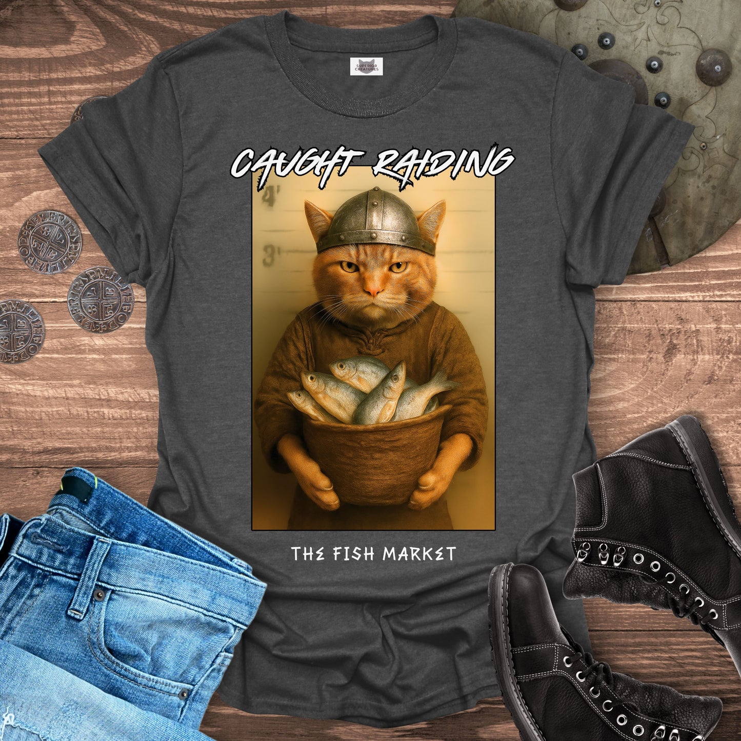 Caught Raiding the Fish Market – Viking Cat T-Shirt