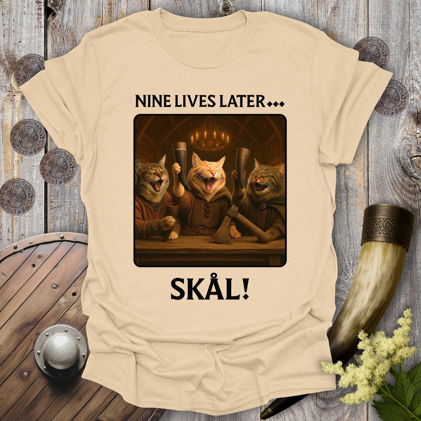 Nine Lives Later… Skål! – Valhalla Viking Cat T-Shirt