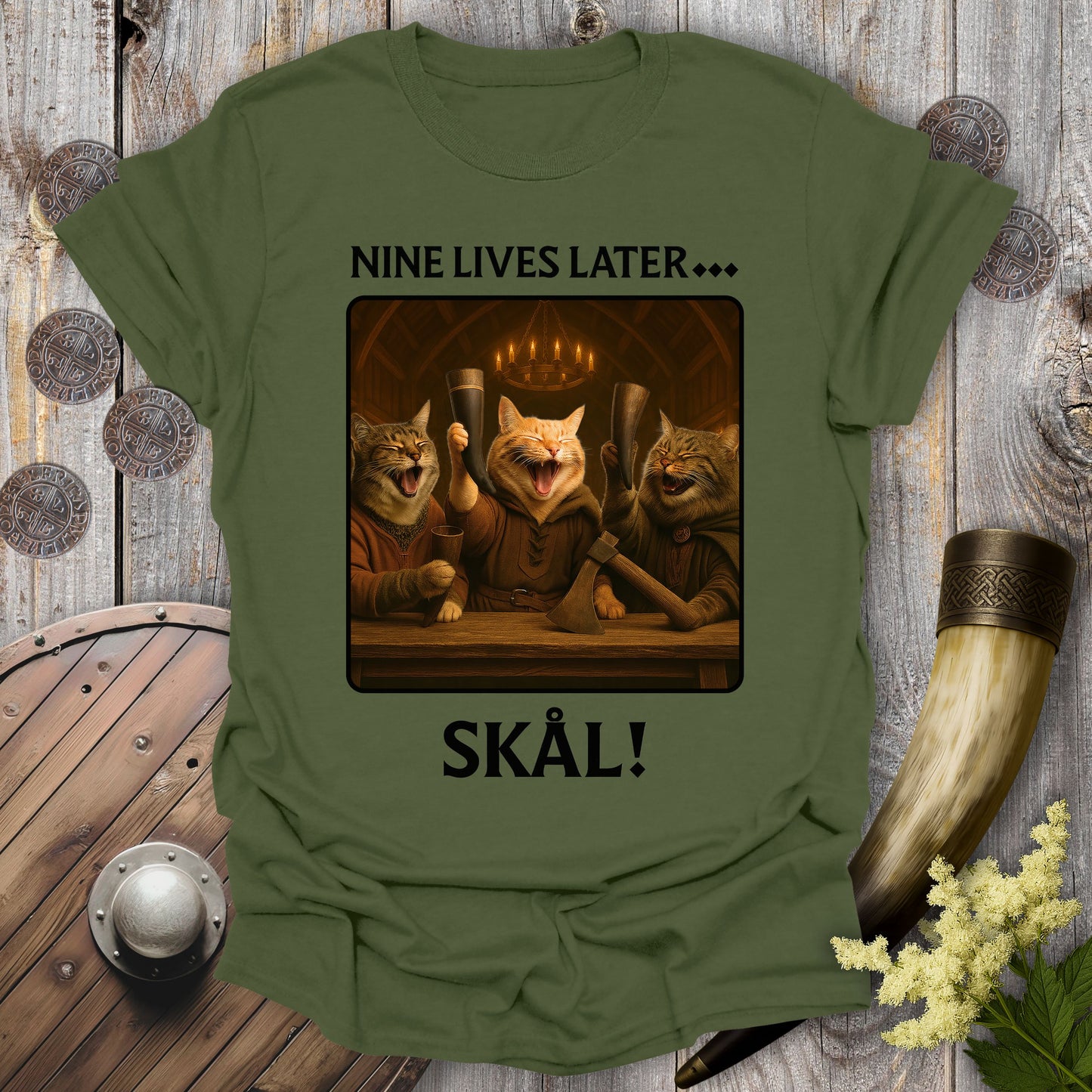 Nine Lives Later… Skål! – Valhalla Viking Cat T-Shirt