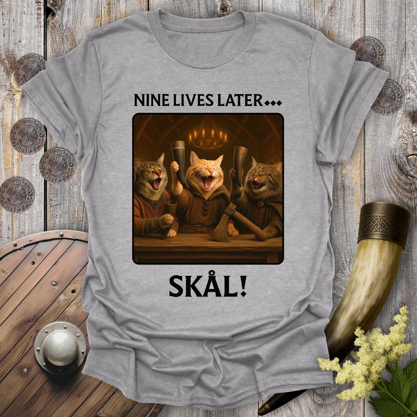 Nine Lives Later… Skål! – Valhalla Viking Cat T-Shirt