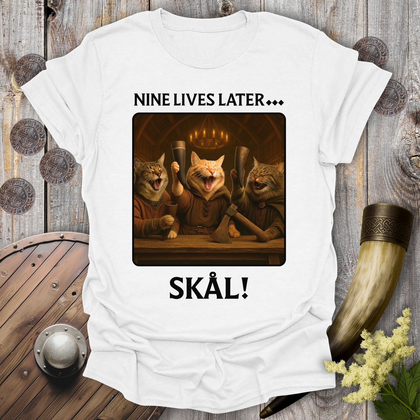 Nine Lives Later… Skål! – Valhalla Viking Cat T-Shirt