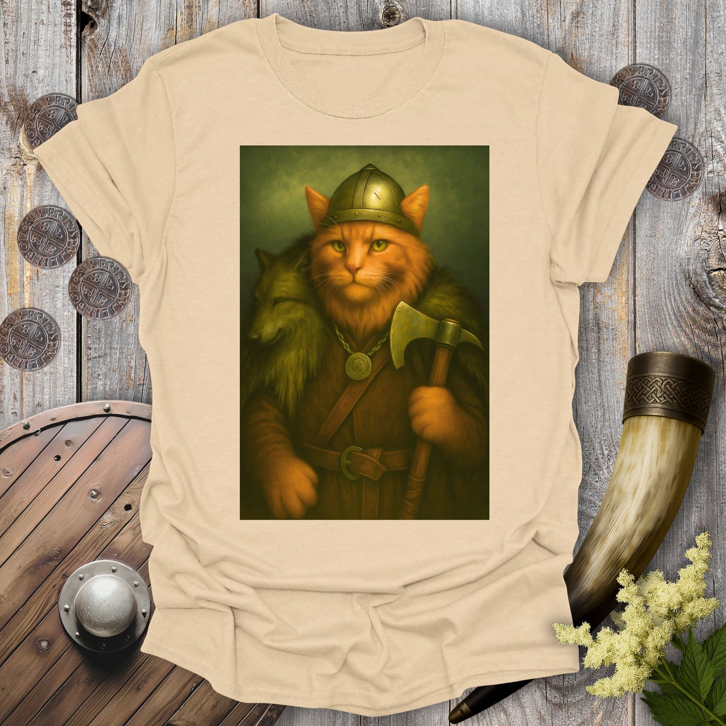 Viking Cat in Wolfskin Portrait T-Shirt