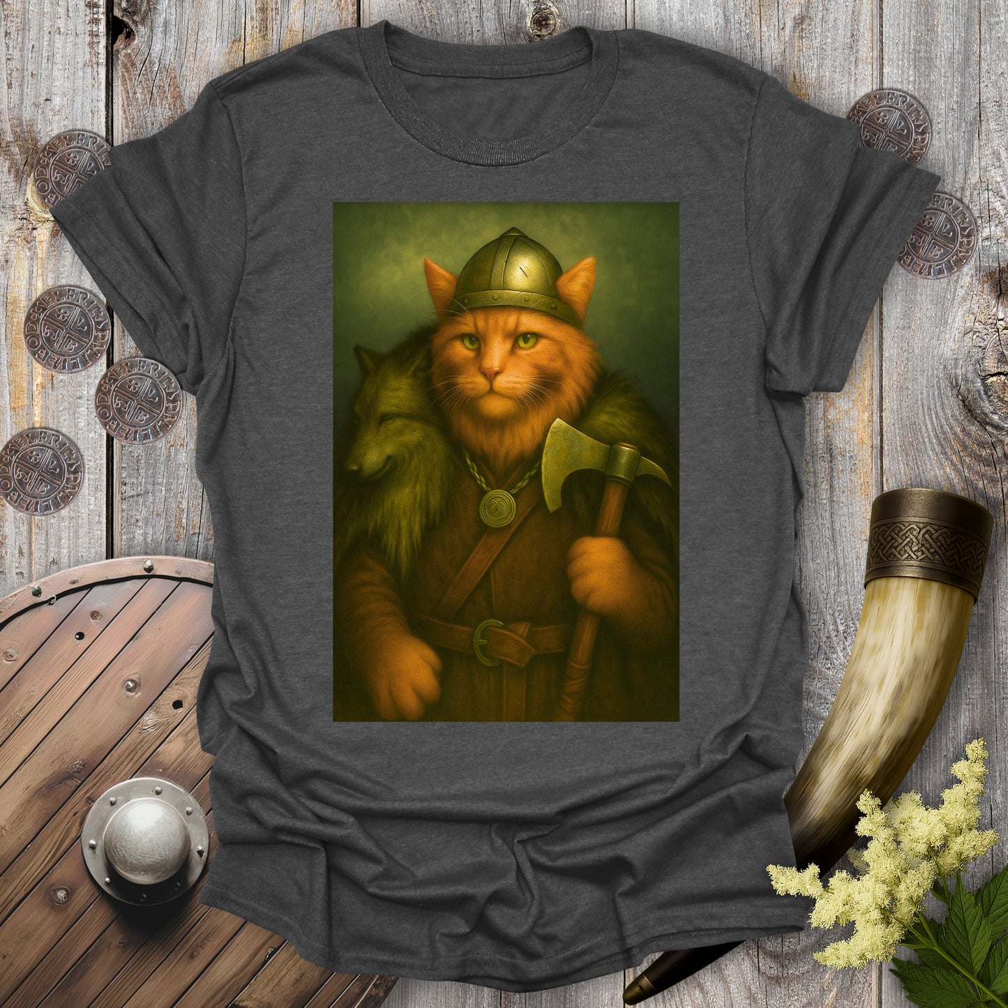 Viking Cat in Wolfskin Portrait T-Shirt