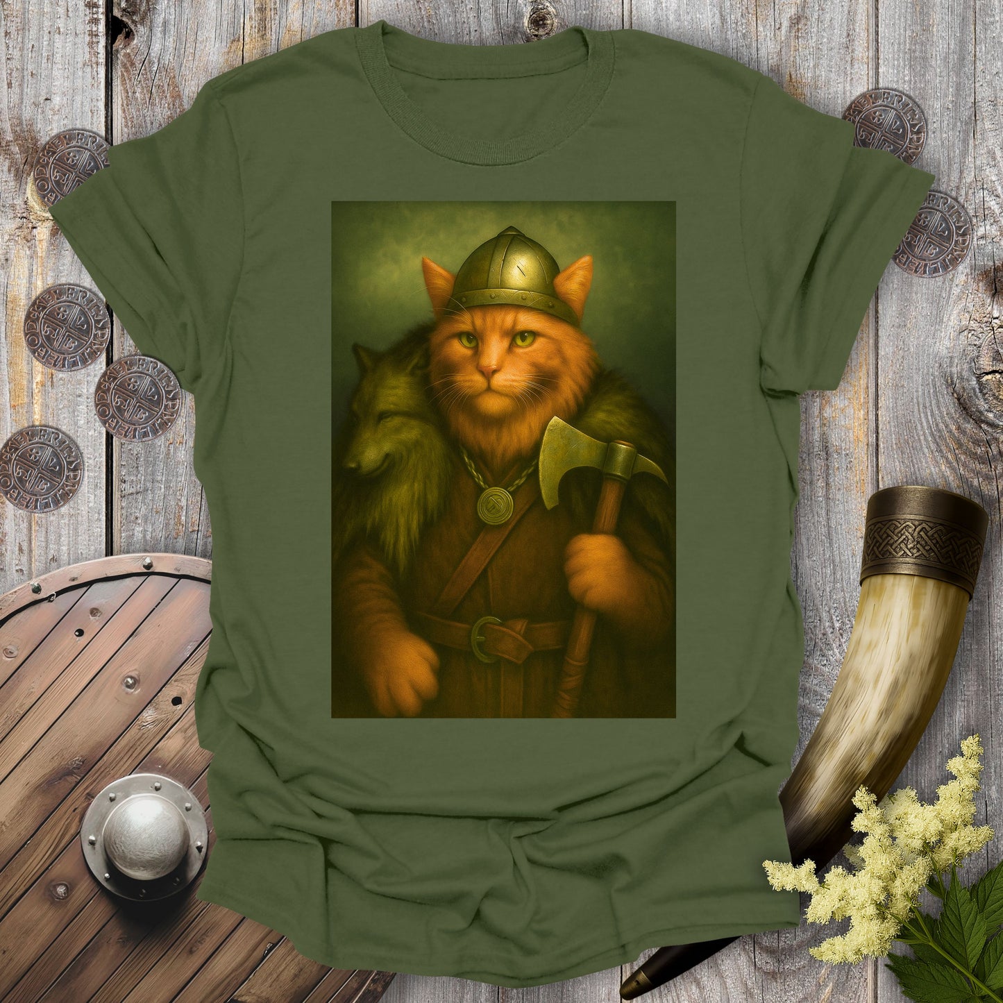 Viking Cat in Wolfskin Portrait T-Shirt