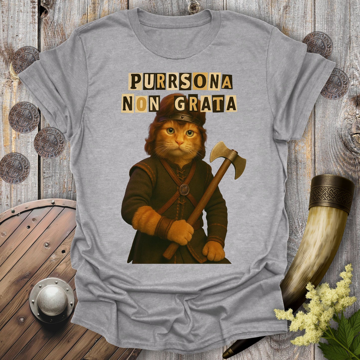 'Purrsona Non Grata' Ransom Note Viking Cat T-Shirt