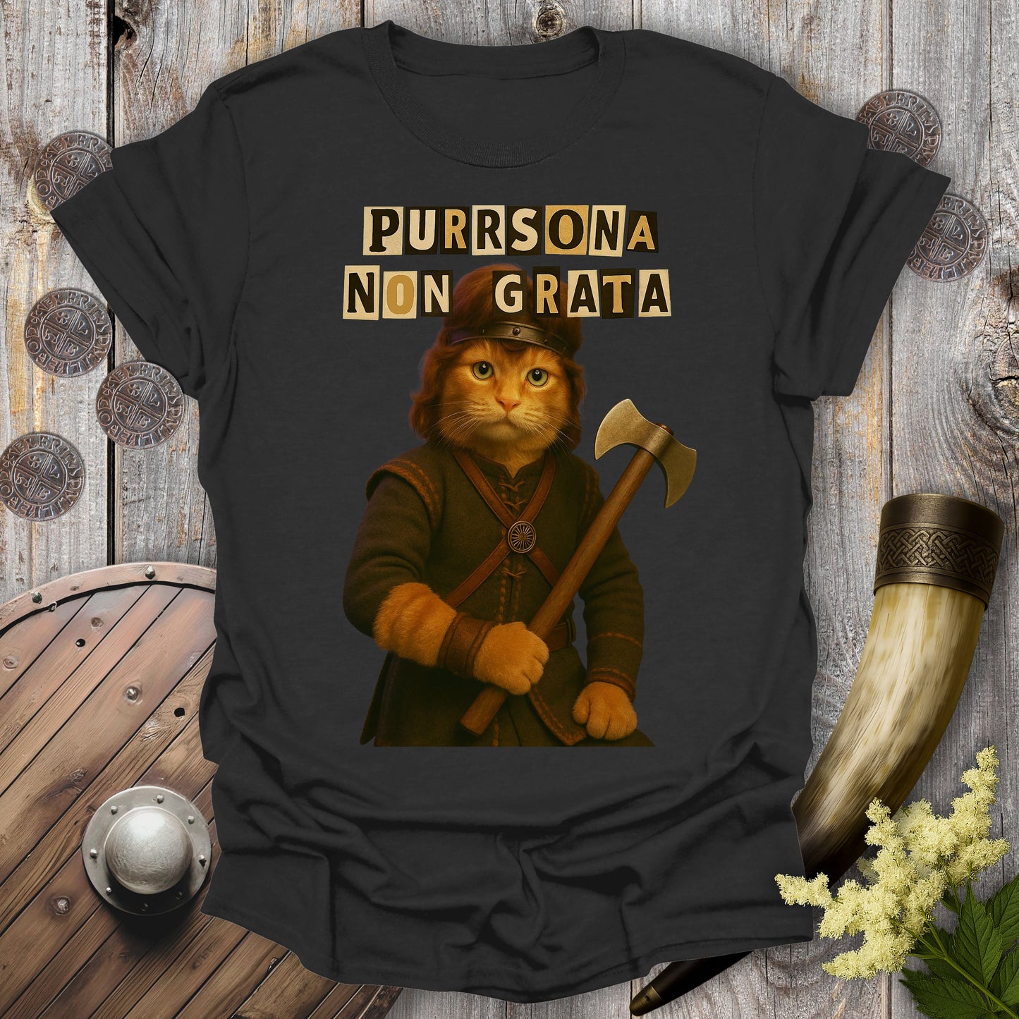 'Purrsona Non Grata' Ransom Note Viking Cat T-Shirt