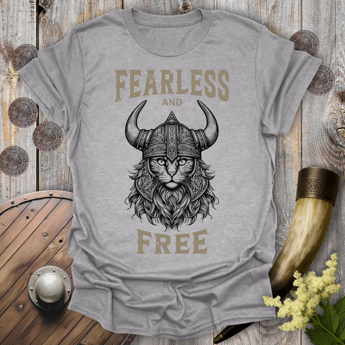 Fearless and Free Viking Cat T-Shirt (Dark & Ghost Edition)