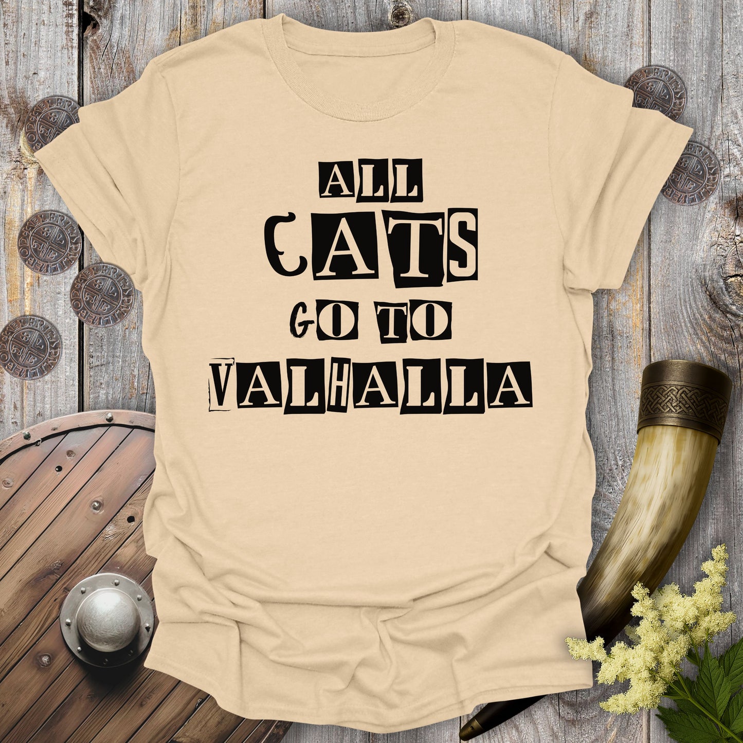 All Cats Go To Valhalla Ransom Note Viking Cat T-Shirt