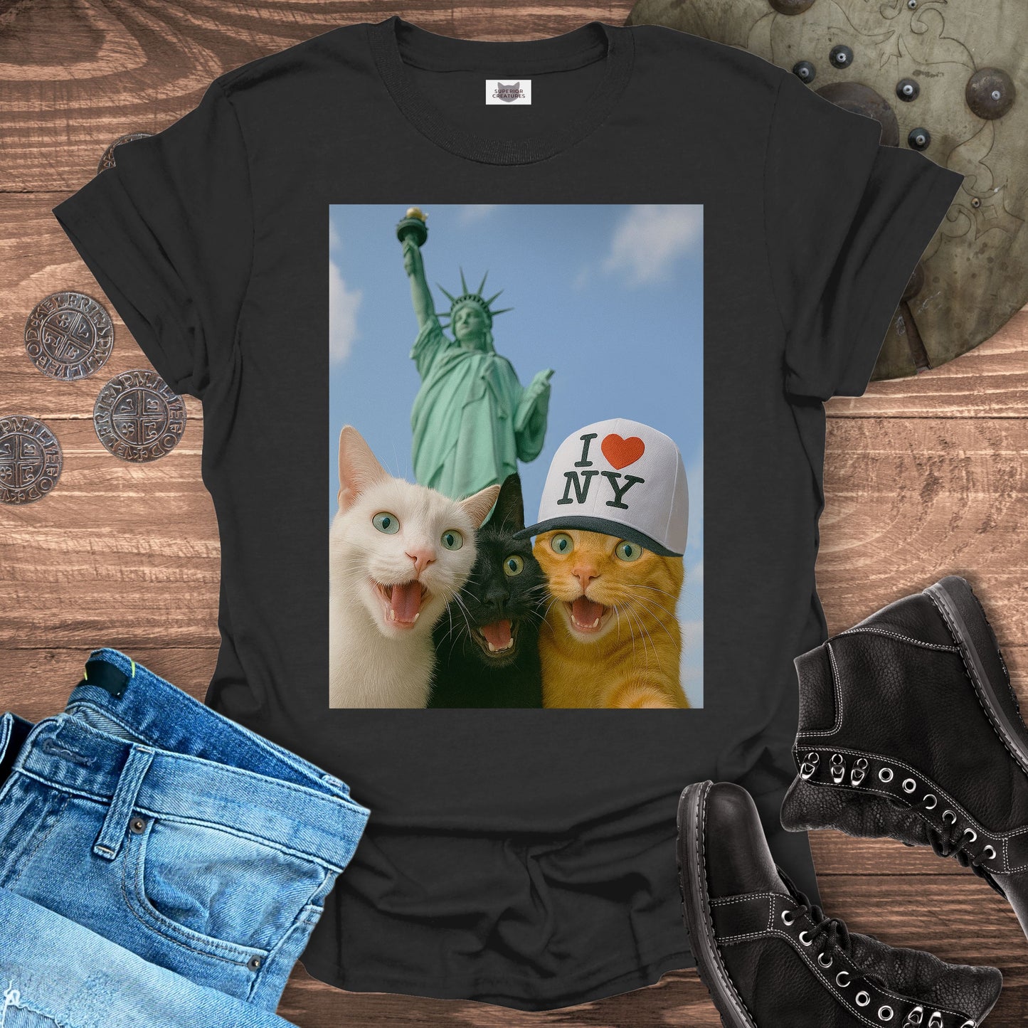 Selfie Cats at the Statue of Liberty T-shirt
