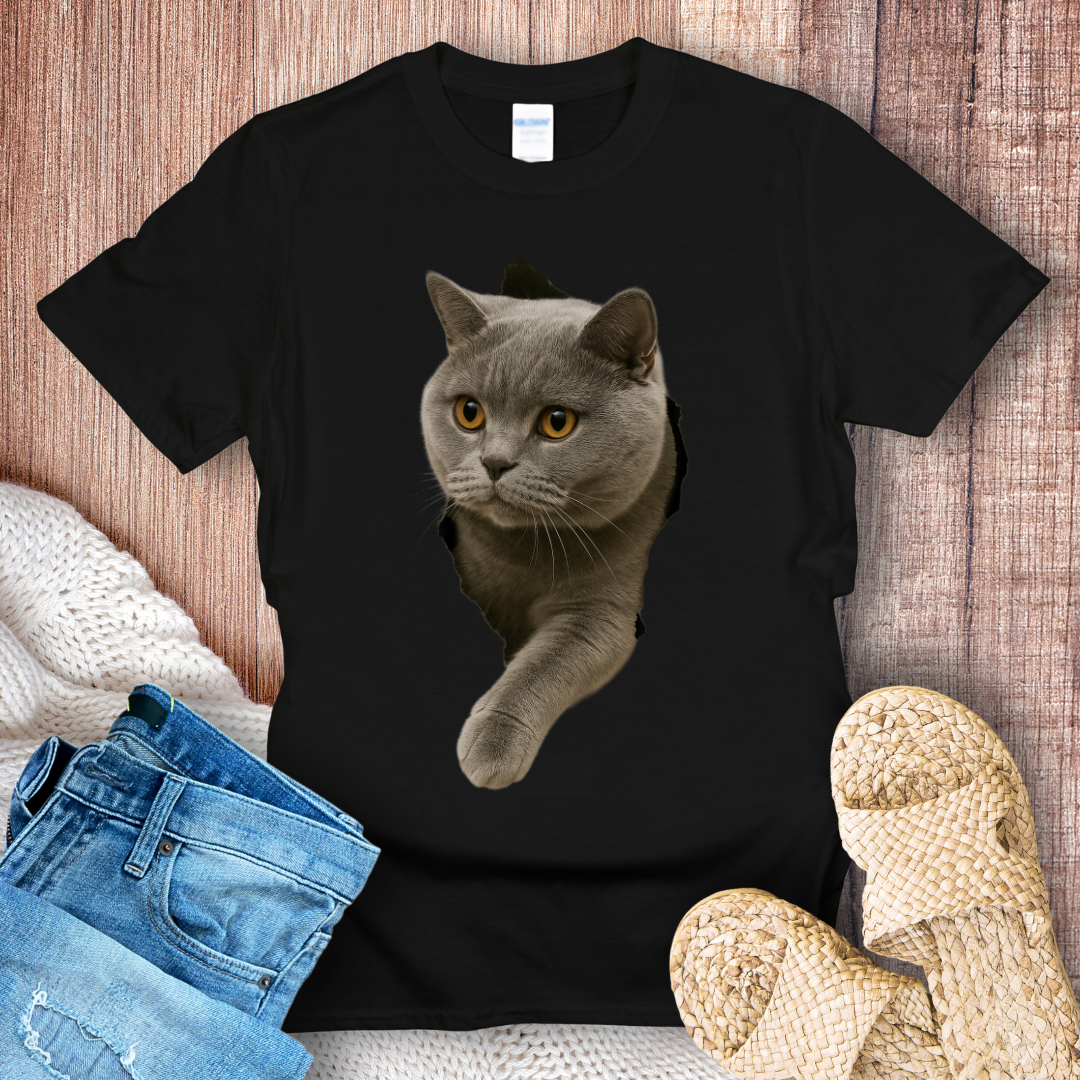 British Shorthair Cat in Hole T-shirt