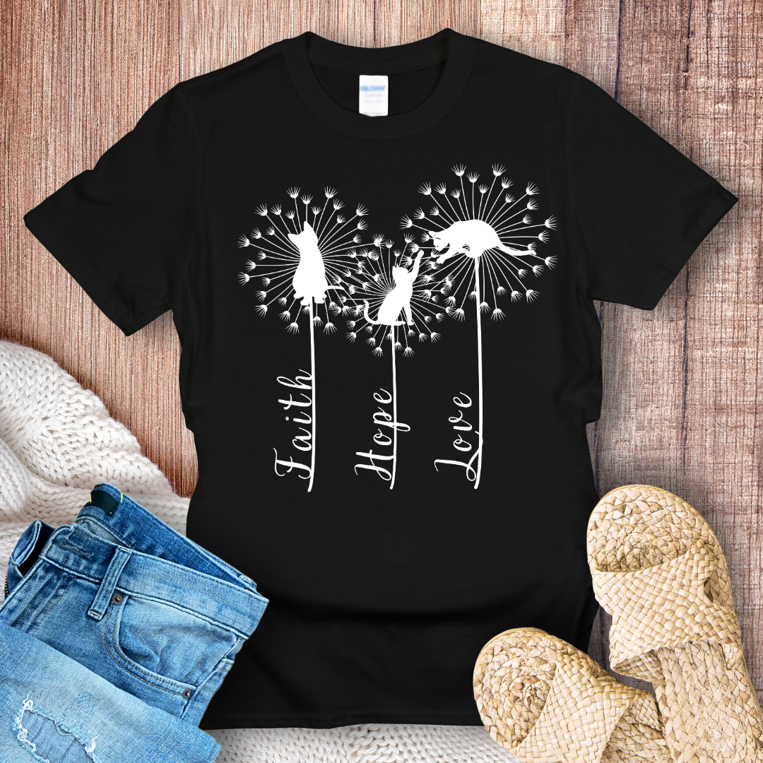 Faith Hope Love – Inspirational Dandelion & Cat Silhouette Graphic T-Shirt