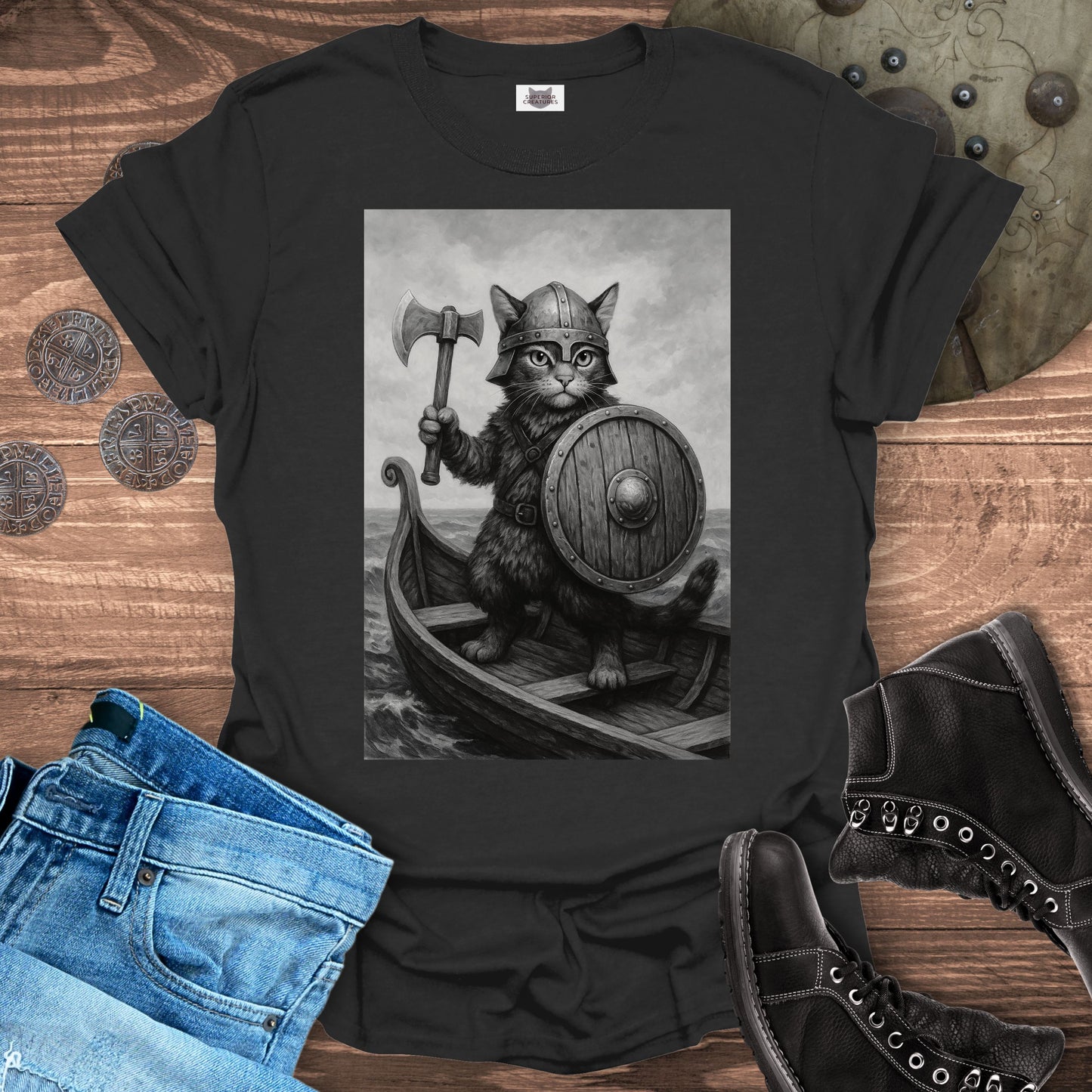 Viking Cat on a Longship T-shirt