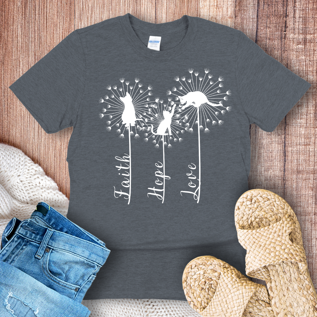 Faith Hope Love – Inspirational Dandelion & Cat Silhouette Graphic T-Shirt