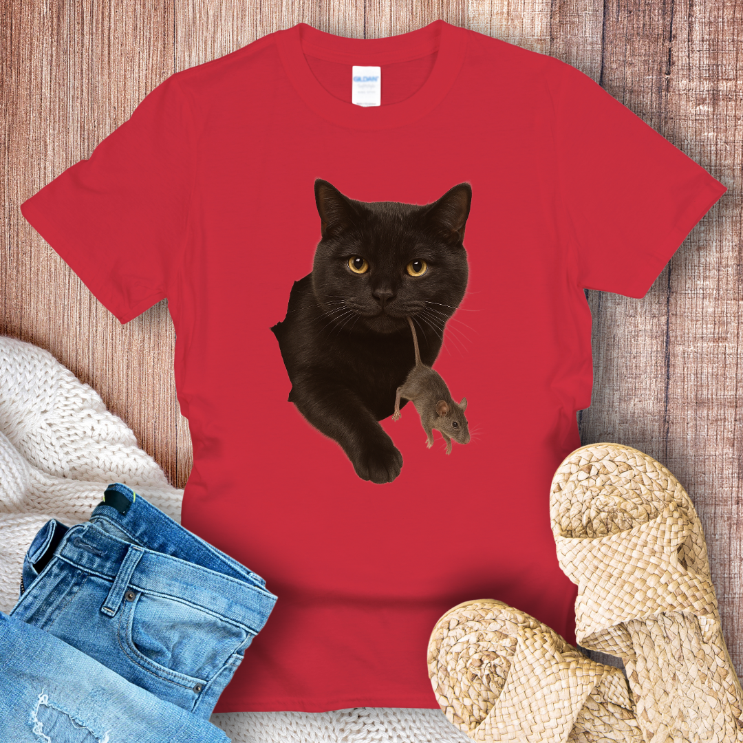 Black Cat with Mouse in Hole T-shirt