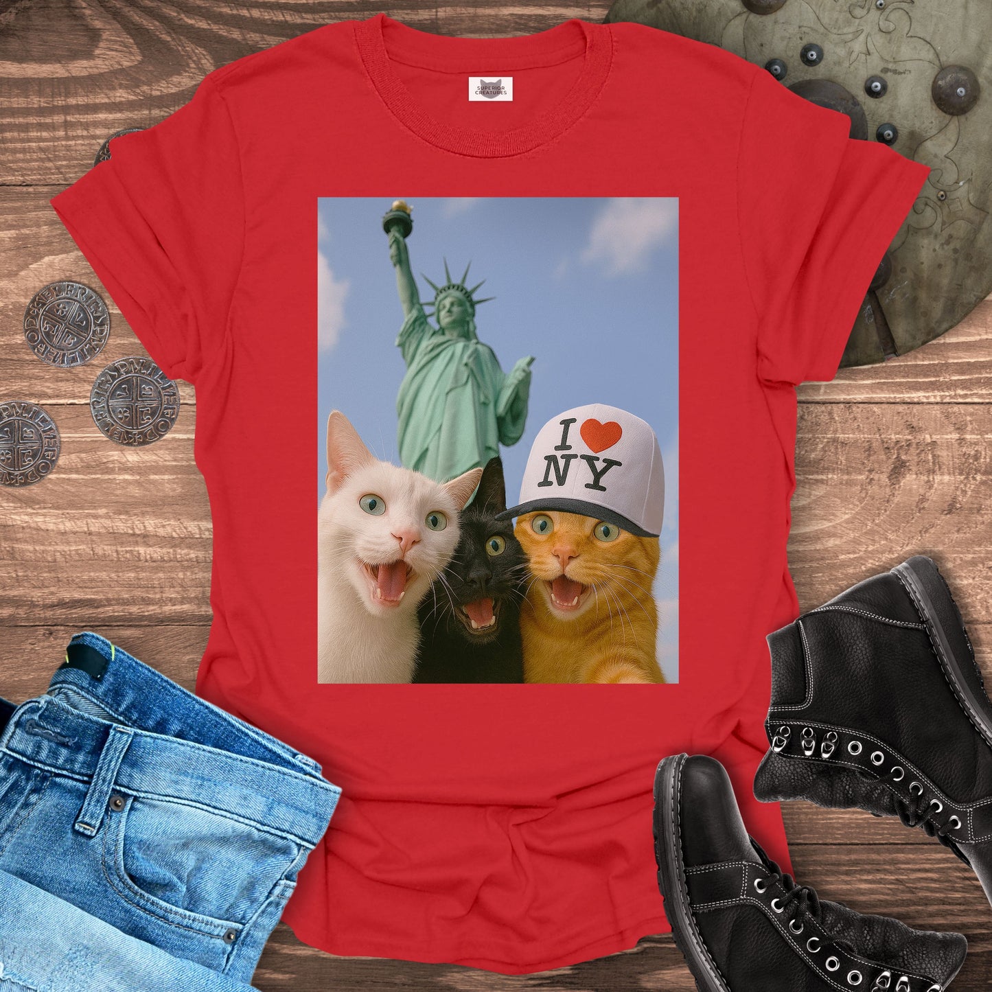 Selfie Cats at the Statue of Liberty T-shirt