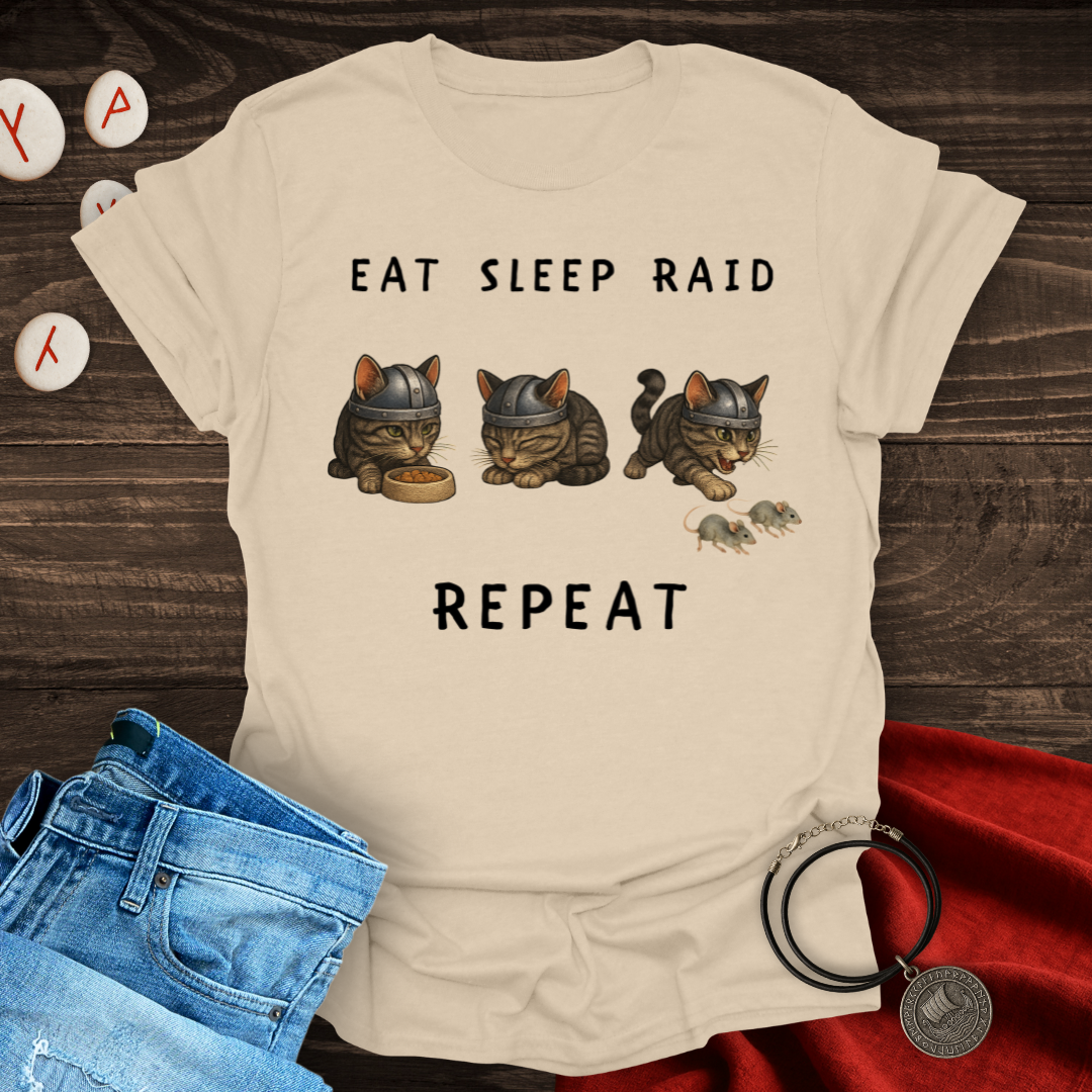 Eat Sleep Raid Repeat Viking Cat Black Text T-shirt