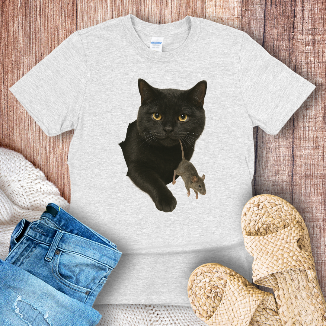 Black Cat with Mouse in Hole T-shirt