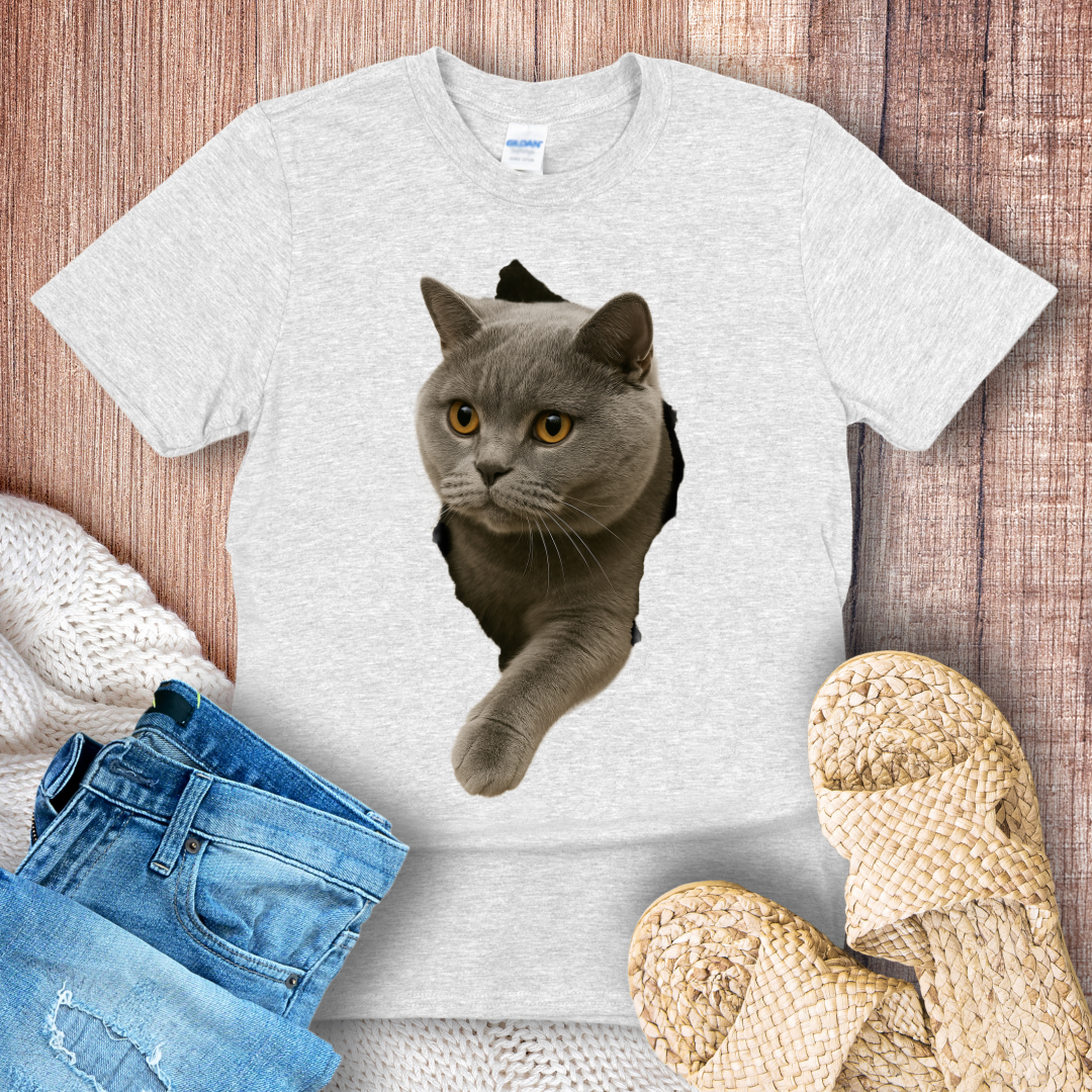 British Shorthair Cat in Hole T-shirt