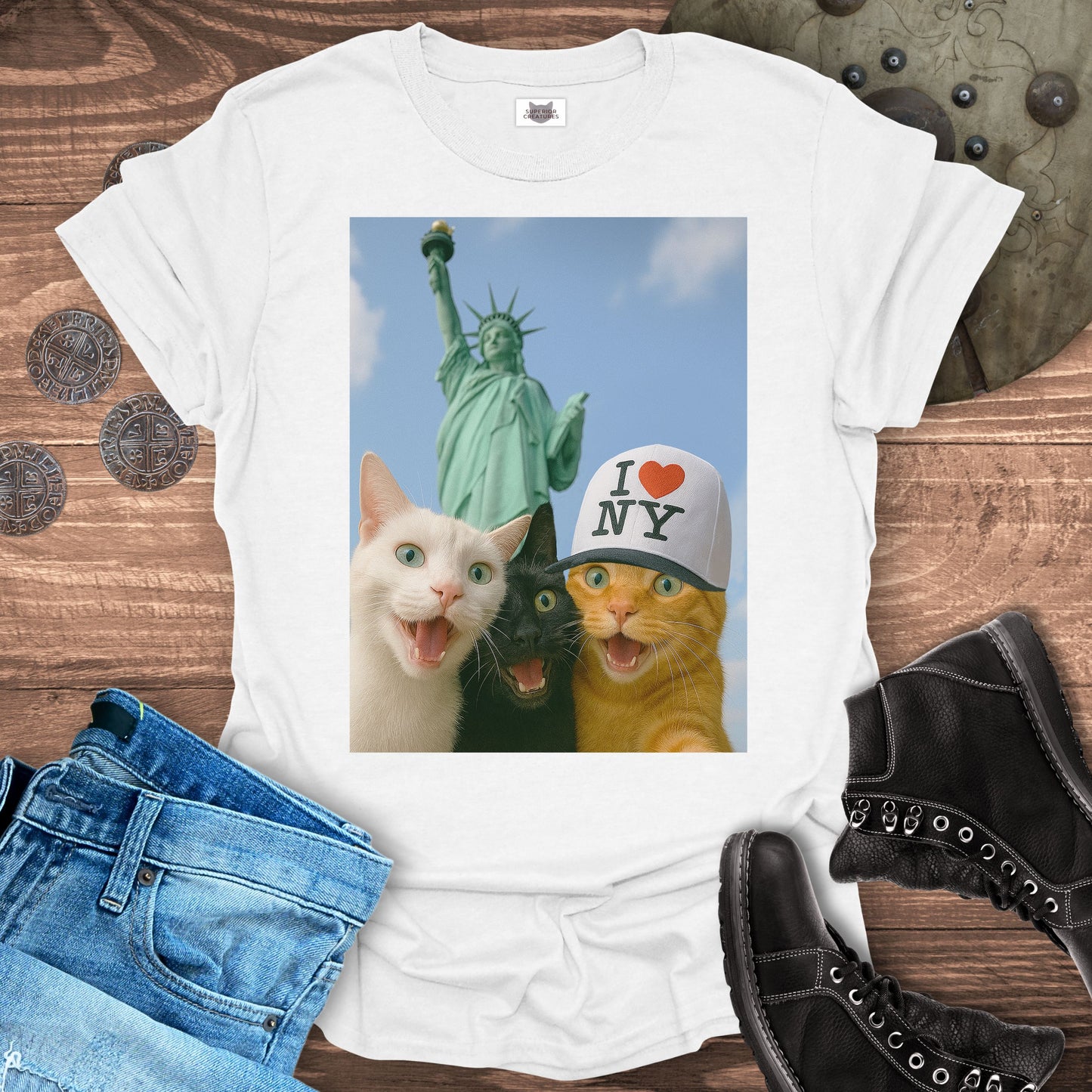 Selfie Cats at the Statue of Liberty T-shirt