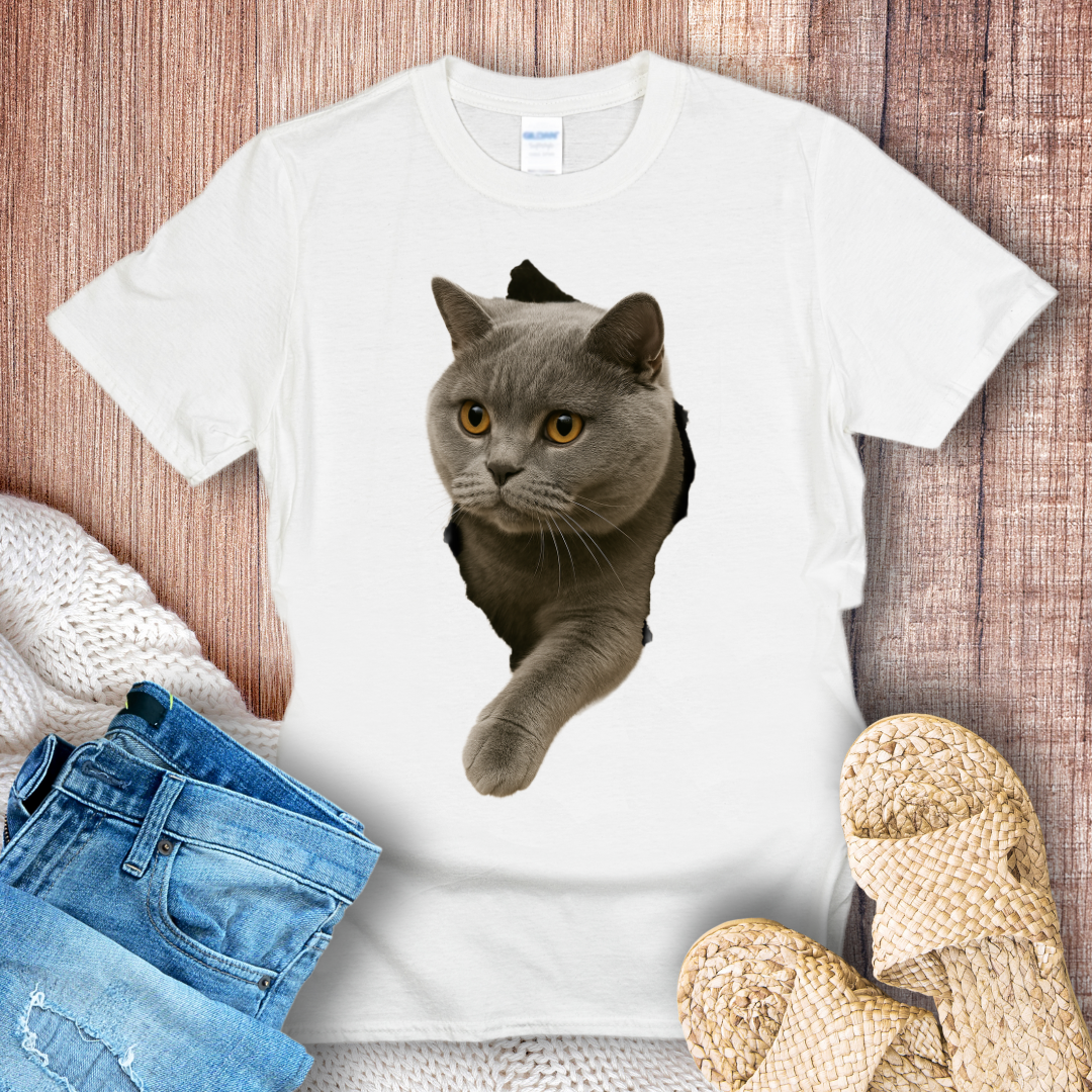 British Shorthair Cat in Hole T-shirt