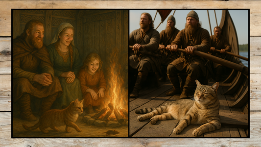 Cats in Viking life—one image shows a Norse family by the fire with their cat, the other a tabby cat resting on a Viking longship with warriors, highlighting cats’ role in Norse homes and seafaring. AI images.